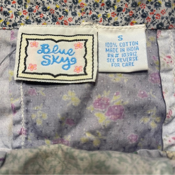 Blue Sky Womens Patchwork Skirt Mini Floral Blue Colorful Tie Waist Pocket Sz S - Picture 3 of 8
